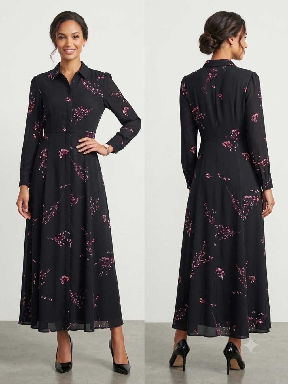 Zara Woman Black Maxi Shirt Dress with Pink Floral Print - Picture 2 of 6